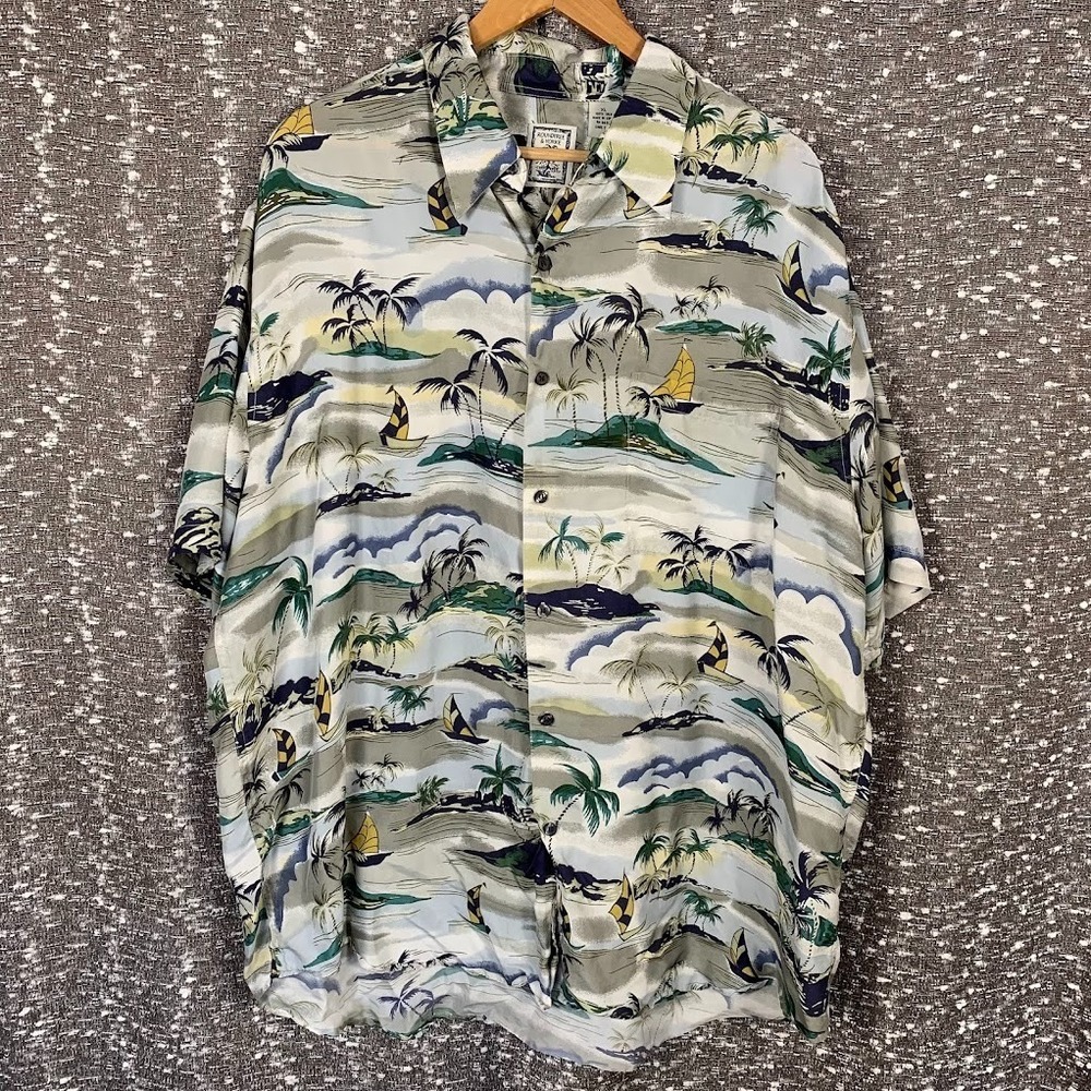 Vintage Roundtree & Yorke 100% Silk Tropical Boats Print Button Up Shirt Mens XL